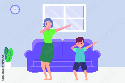 boy, cartoon, character, child, childhood, concept, couch, dance, dancing, elderly, enjoy, enjoying, family, female, grandchild, grandmother, grandparent, grandson, home, house, illustration, indoor, 