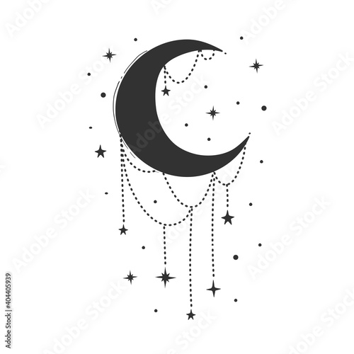Modern symbol of the crescent moon with decorations, stylized drawing, engraving. Vector illustration isolated on white. Vintage mystical design in boho style, logo, tattoo