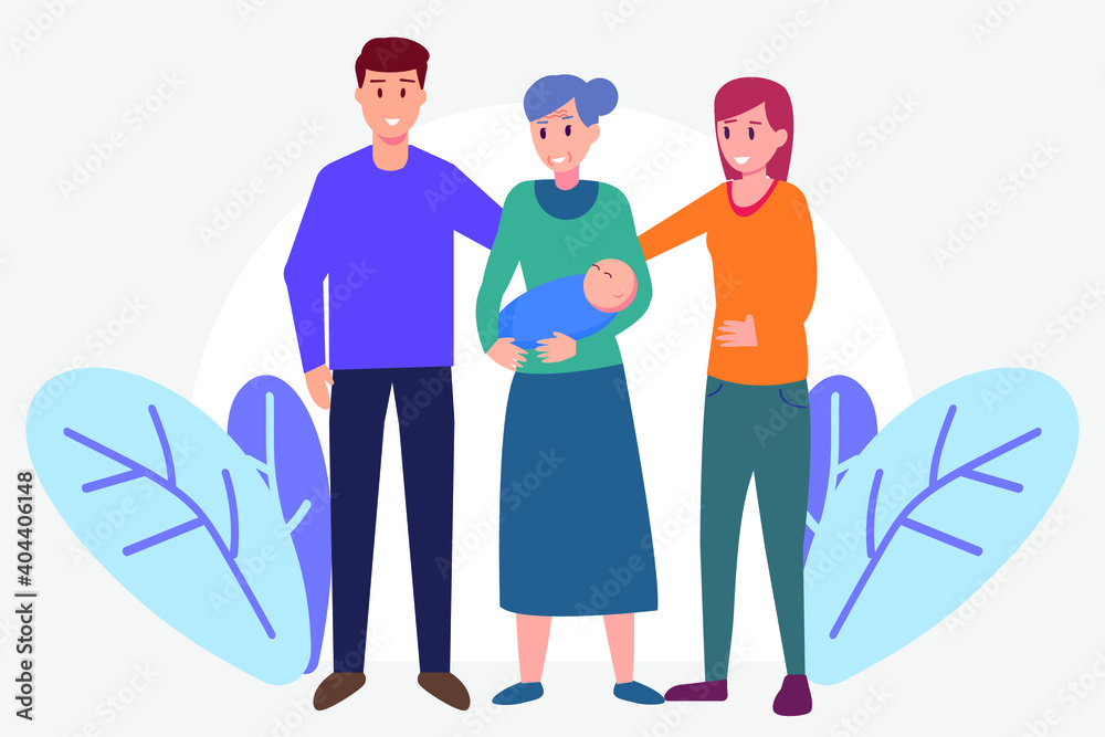 Three generation family vector concept: Three generation family standing together while carrying cute baby