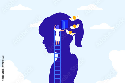 Psychology vector concept: Female therapist doing treatment on silhouette brain of girl