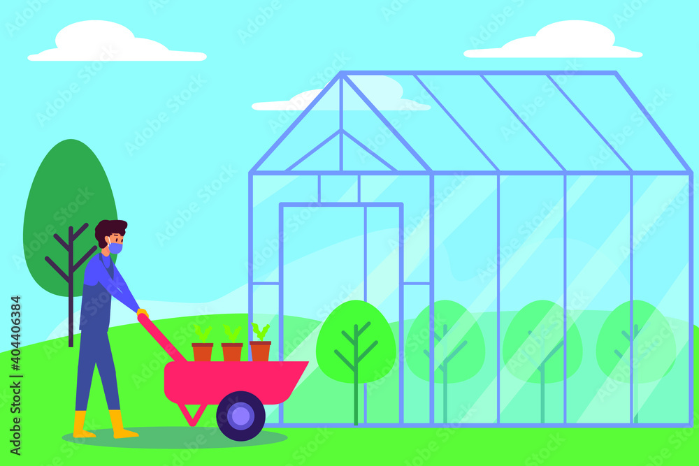 Greenhouse vector concept: Young man carrying plants on the cart to the greenhouse while wearing face mask Greenhouse vector concept: Young man carrying plants on the cart to the greenhouse while wearing face mask