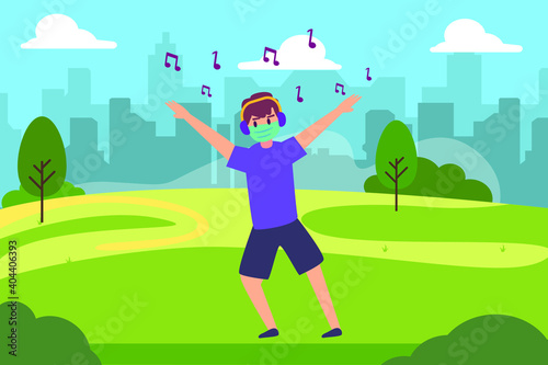 Listening music vector concept: Young man dancing and listening music in the park