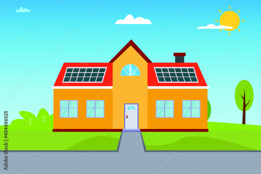 House using solar panel on the rooftop as the energy resource. Renewable energy vector concept House using solar panel on the rooftop as the energy resource. Renewable energy vector concept