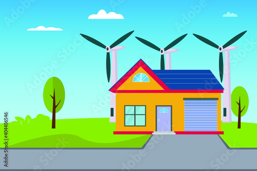 Modern house with wind power generation for renewable energy supply. Green energy vector concept
