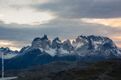 World famous mountain peaks, traveling in Torres del Paine National Park, Chile, South America. Beautiful natural scenery.