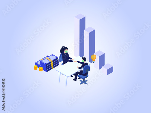 Businessman and businesswoman handshaking together with light bulb and money while wearing face mask. Isometric vector concept