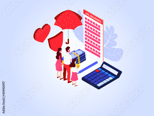 Family looking at the online life insurance form while wearing face mask. Isometric vector concept