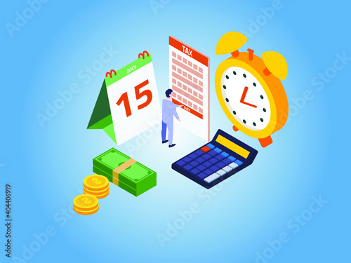 Tax Day Reminder Concept. Businessman filling online tax form with New Extended Date for IRS Federal Income Tax Returns. isometric vector concept