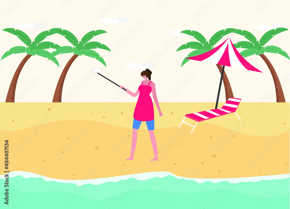Summer holiday vector concept: Young woman wearing swimsuit while using a mobile phone to make vlog video on the beach