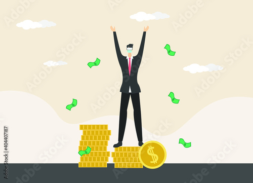 Virtual reality vector concept: Happy businessman wearing virtual reality glasses while standing on piles of money
