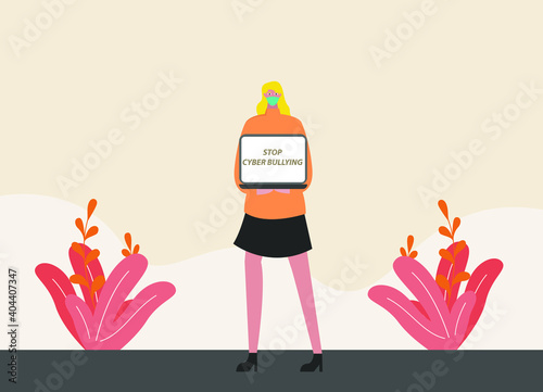 Cyber bullying vector concept: Teenage girl wearing face mask while holding a laptop with stop cyber bullying text