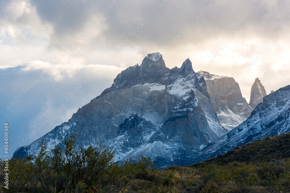 World famous mountain peaks, traveling in Torres del Paine National Park, Chile, South America. Beautiful natural scenery.