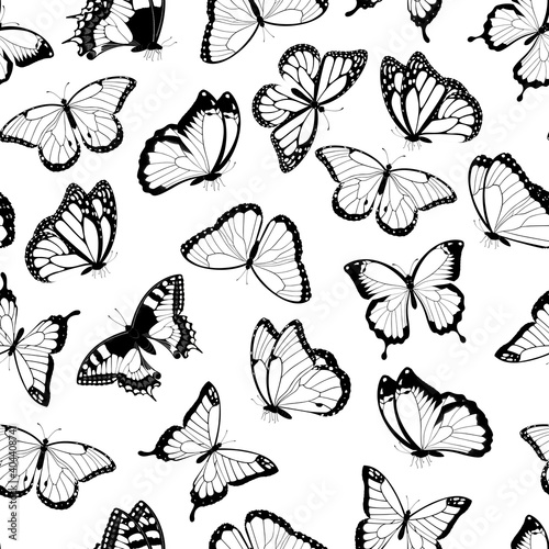 Black and white flying butterflies seamless pattern. Isolated on white background. Illustration.