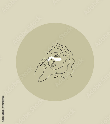 A beautiful girl takes care of her face. Trendy vector illustration in a linear style. Various procedures for the face, smears the face with cream. Facial care, beauty, cosmetics, make-up
