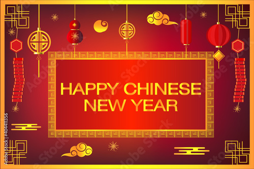 Happy Chinese new year on red background,decorative classic festive for holiday,Traditional lunar year with hanging lanterns traditional style 