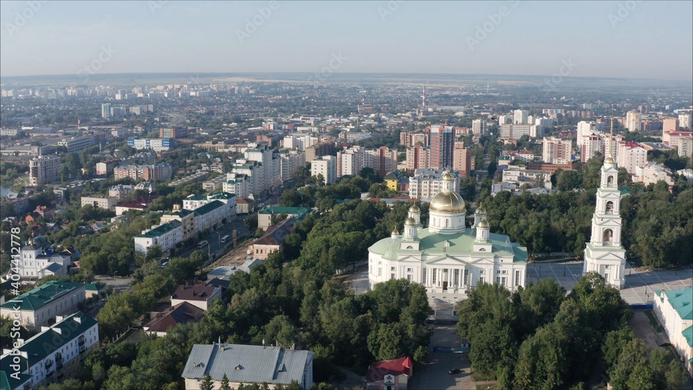 Penza is a city in Russia. Panorama of the city of Penza from the air in the summer. Penza city view from above.