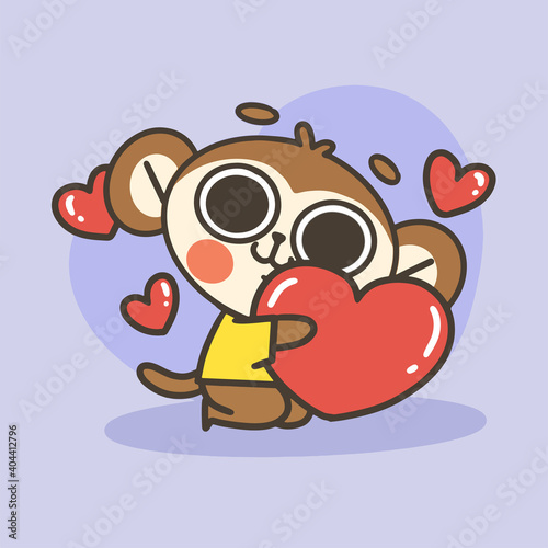cute little monkey hugging big heart doodle illustration