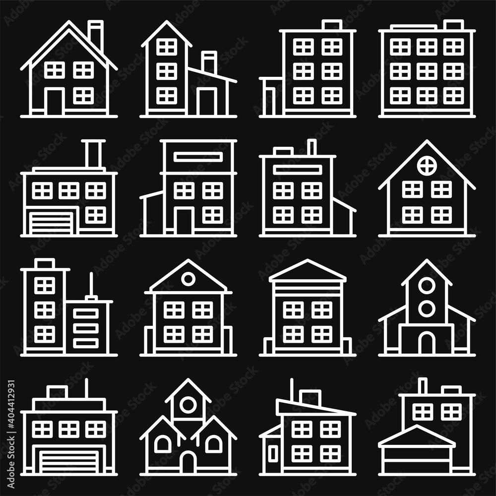 Building Icons Set on Black Background. Line Style Vector Building Icons Set on Black Background. Line Style Vector