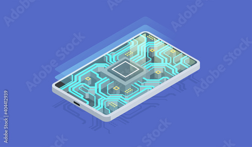 Quantum phone, big data processing, database concept. Digital chip, Modern hardware of smartphone, Isometric illustration.
