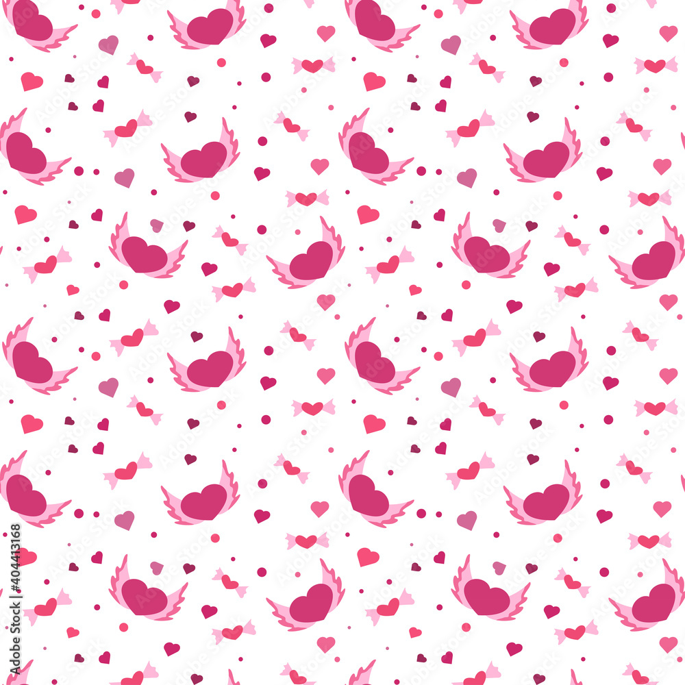 Seamless pattern cute hearts with wings. Valentine's day design. A bright pattern for the holiday of all lovers. Pink hearts.