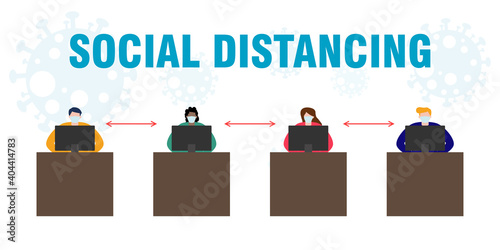 New normal lifestyle concept. Teamwork of business office people wearing face mask and maintain social distancing. Stop covid-19 coronavirus isolated on white background vector illustration