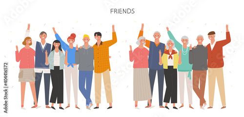 People gathering together and waving their hands with joyful expressions. Young friends and seniors. flat design style minimal vector illustration.
