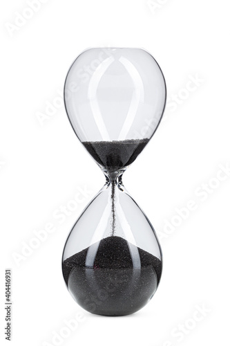 Hourglass with black sand isolated on white background