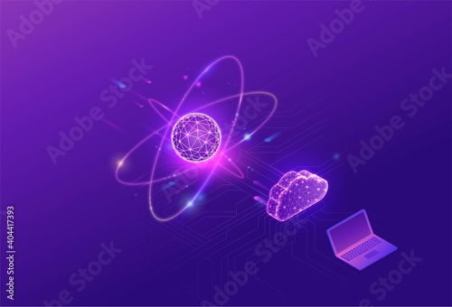 Quantum computer futuristic processor, chip with network, isometric vector illustration, glowing purple design, innovation cloud computing technology