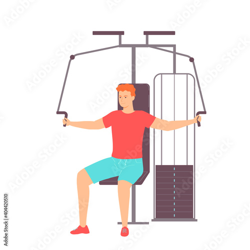 Young man does exercise on a butterfly sports simulator. Work on the pectoral muscles. Healthy lifestyle. Vector illustration in hand drawn flat style.