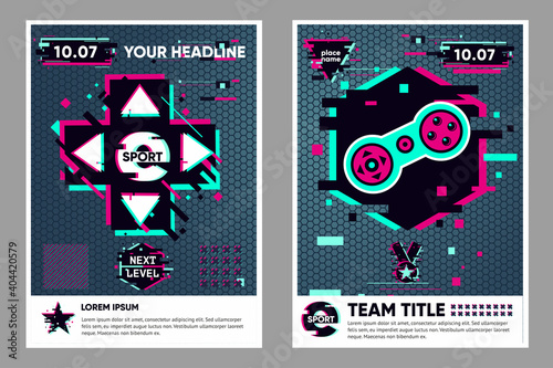 Cyber sport poster. Video game flyer. Electronic games backgrounds. Glitch style banner for web event. Vector illustration, neon colors
