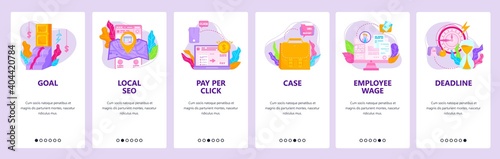 Company portfolio. Business goal, local SEO, PPC, time management. Mobile app screens, vector website banner template.