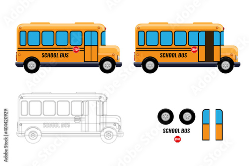 School Bus with separate elements doors open and close for your animation design. Flat and solid vector illustration.