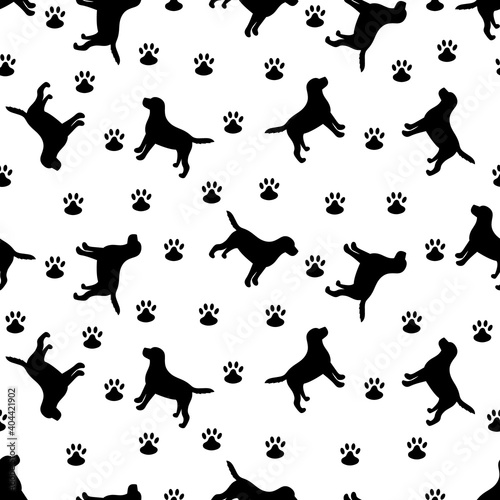 Black silhouette of a dog on a white background. Vector illustration. Seamless pattern.	