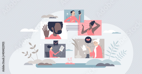 Diverse people online video call as distant communication tiny person concept
