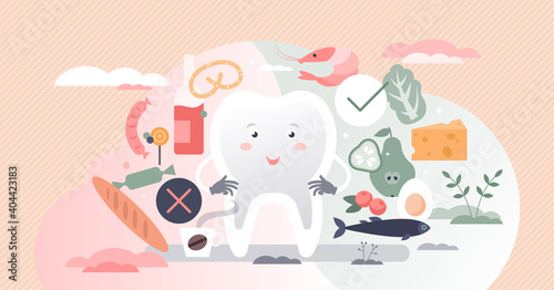 Foods for healthy teeth as educational dental protection tiny person concept