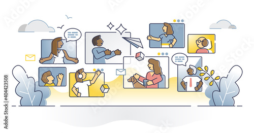Diverse people online call as distant web video meeting outline concept