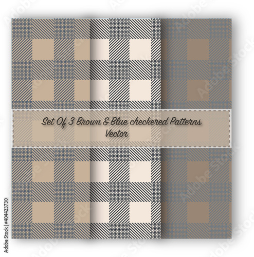 Set Of 3 Brown & Blue Checkered Vector Patterns