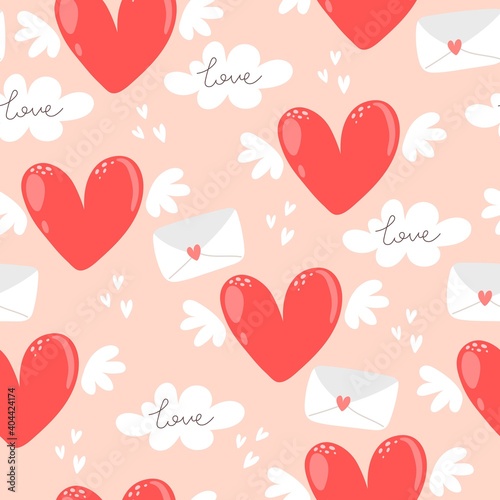 Seamless pattern with cartoon hearts, decor elements. Colorful vector flat style for kids. hand drawing. valentines day. Romantic design for print, wrapper, fabric.