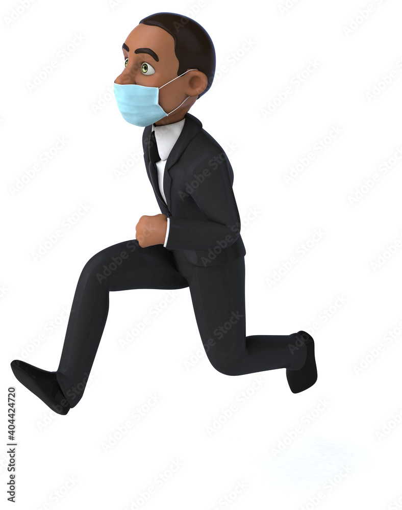 Fun 3D illustration of a black business man with a mask Fun 3D illustration of a black business man with a mask