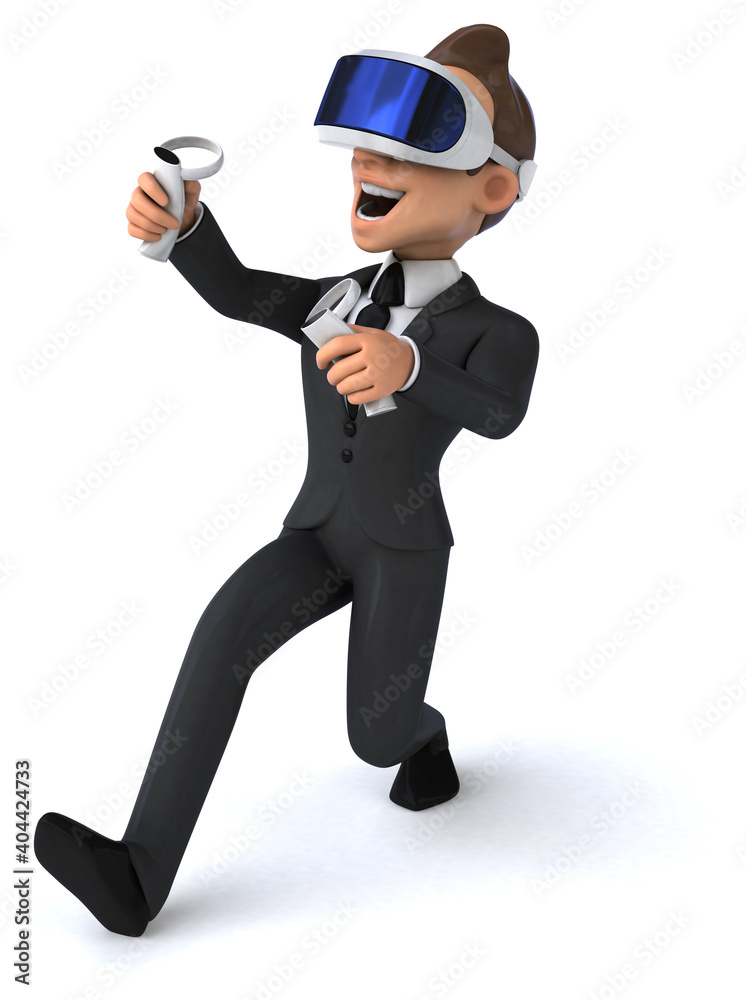 Fun 3D illustration of a cartoon businessman with a VR helmet Fun 3D illustration of a cartoon businessman with a VR helmet