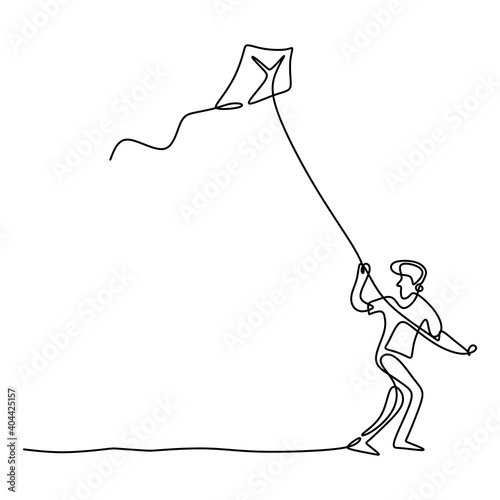 One single line drawing of happy young teenager boy playing to fly kite up into the sky at outdoor field in summer time. Freedom and passion creative theme hand-drawn minimalist design