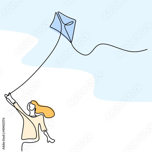 One single line drawing of happy young teenager girl playing to fly kite up into the sky at outdoor field in summer time. Freedom and passion creative theme hand-drawn minimalist design