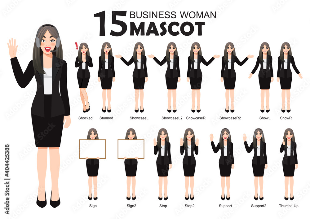 Obraz premium 15 Business Woman Mascot in Black Suit, cartoon character style poses set vector illustration