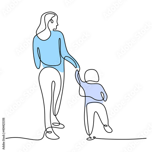 One single line drawing of young happy mom holding her son. A mother playing together with her child at home isolated on white background. Family parenthood concept. Vector illustration