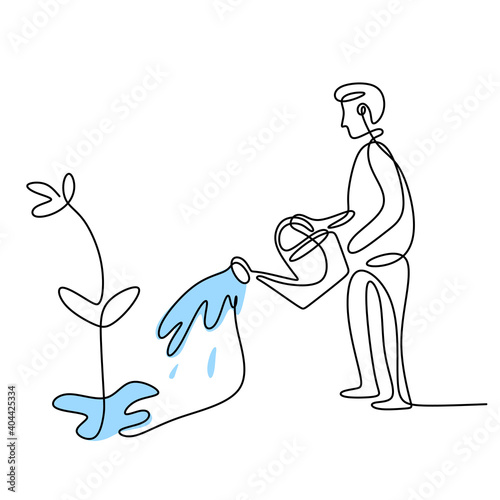 One continuous line drawing of a man watering flowers in the garden at summer sunny day. Happy young male pouring water to plant to make it growing. Gardening activity. Vector illustration