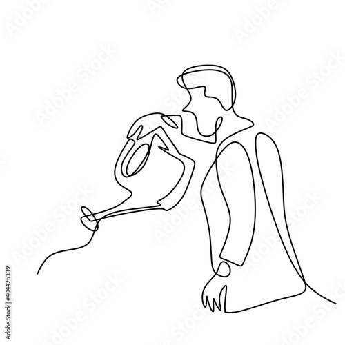 One continuous line drawing of a man watering flowers in the garden at summer sunny day. Happy young male pouring water to plant to make it growing. Gardening activity. Vector illustration