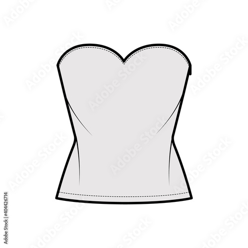 Top crop strapless sweetheart neckline technical fashion illustration with slim fit, waist length. Flat apparel shirt outwear template front, grey color. Women men unisex CAD mockup