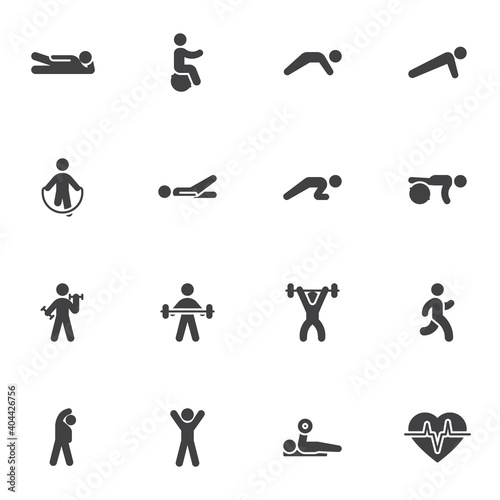 Sport exercises vector icons set  healthy lifestyle modern solid symbol collection  filled style pictogram pack. Signs logo illustration. Set includes icons as physical activity  workout  gym  fitness