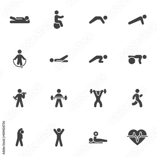 Sport exercises vector icons set, healthy lifestyle modern solid symbol collection, filled style pictogram pack. Signs logo illustration. Set includes icons as physical activity, workout, gym, fitness