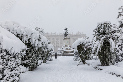 Square of East in madrid theater covered by snow from the storm philomena